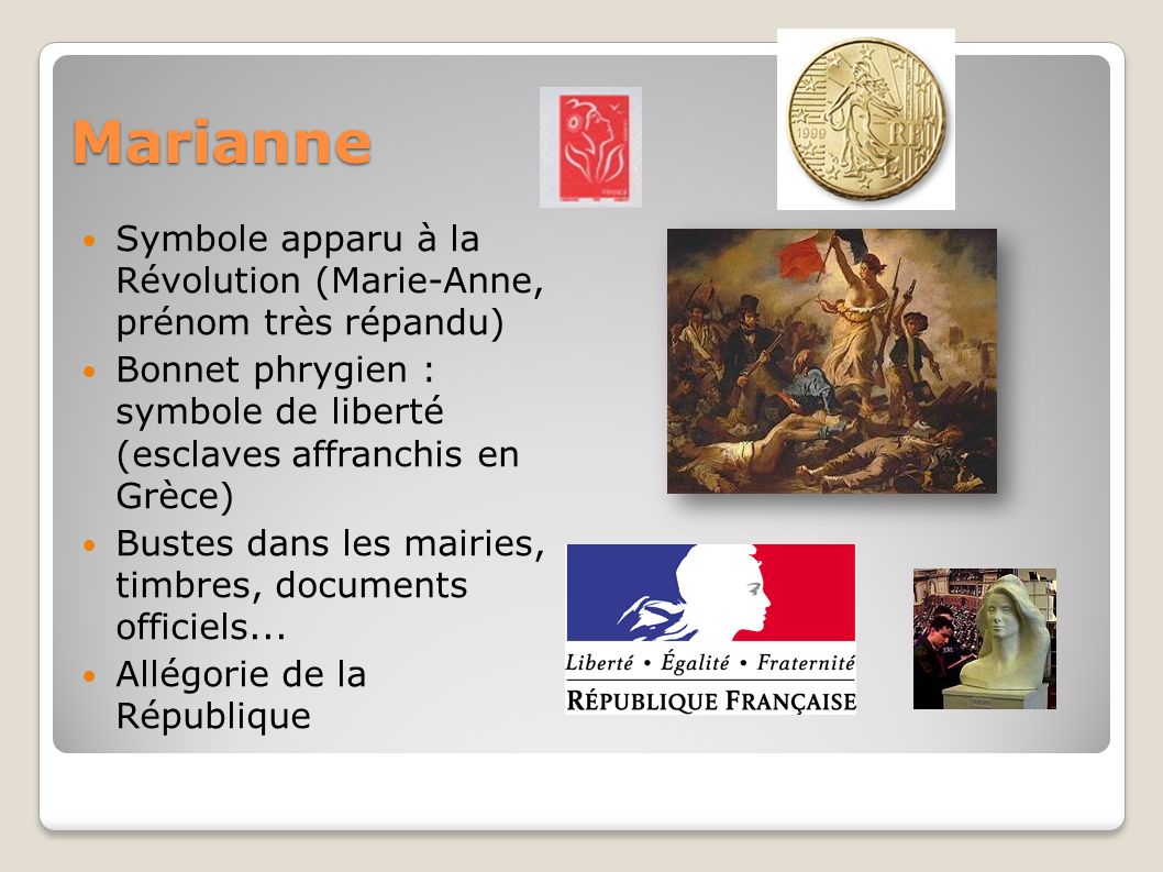 Marianne Symbole apparu à la Révolution (Marie-Anne, prénom très répandu)‏ Bonnet phrygien : symbole de liberté (esclaves affranchis en Grèce)‏