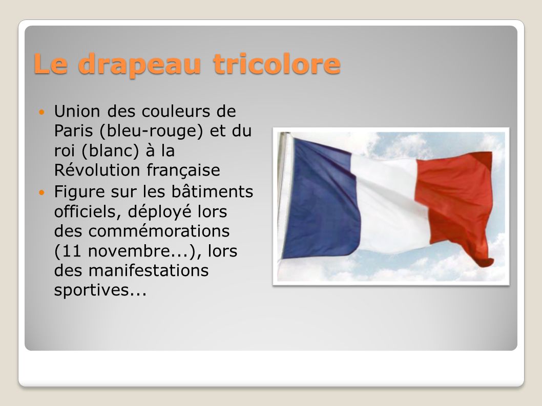 Le drapeau tricolore Union des couleurs de Paris (bleu-rouge) et du roi (blanc) à la Révolution française.