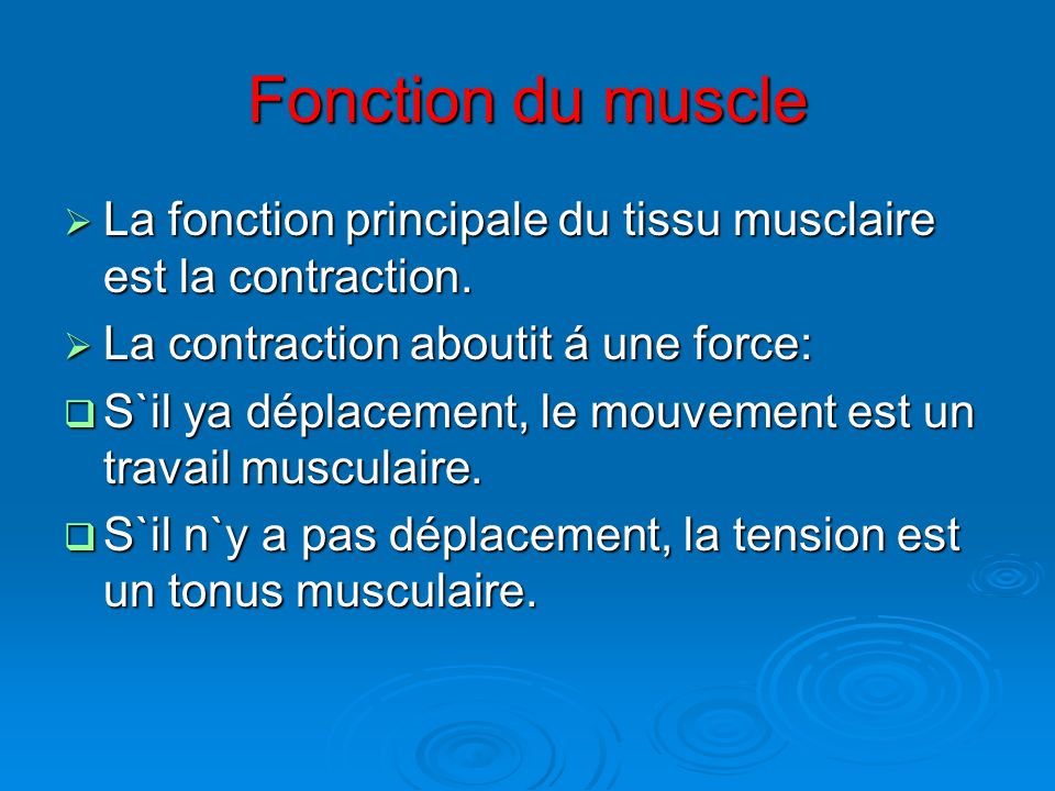 Fonction du muscle La fonction principale du tissu musclaire est la contraction. La contraction aboutit á une force: