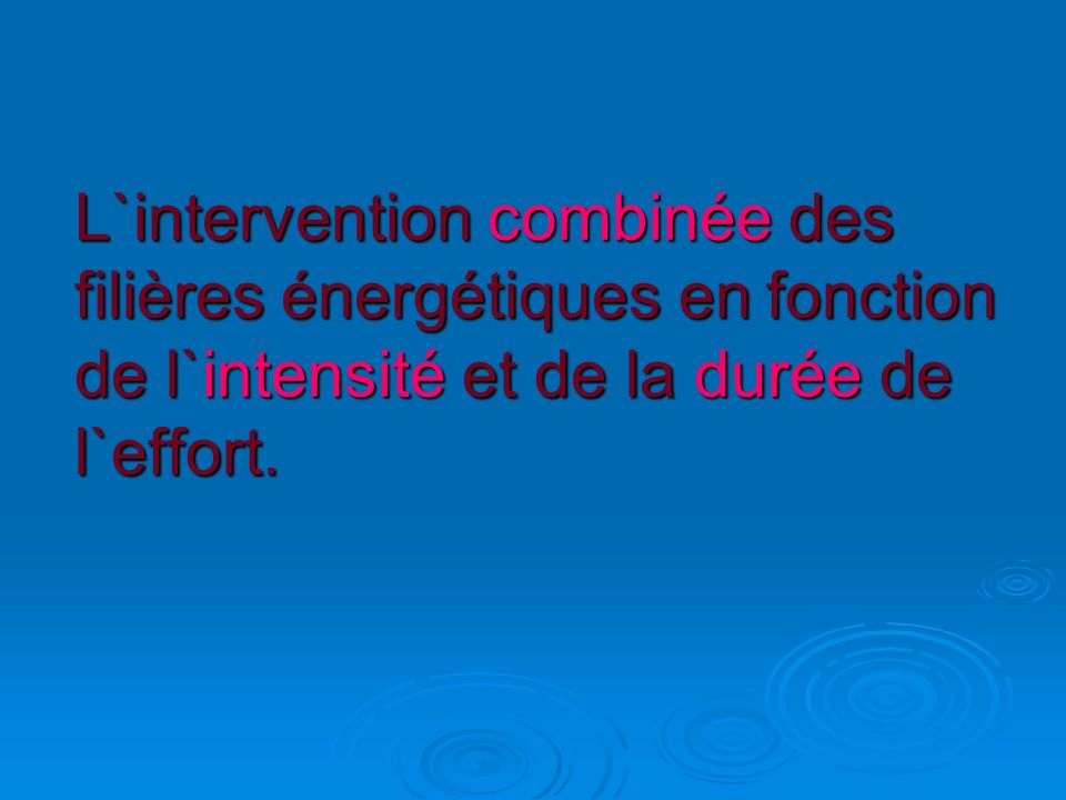 L`intervention combinée des filières énergétiques en fonction de l`intensité et de la durée de l`effort.