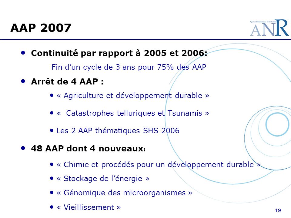 AAP 2007 Continuité par rapport à 2005 et 2006: Arrêt de 4 AAP :