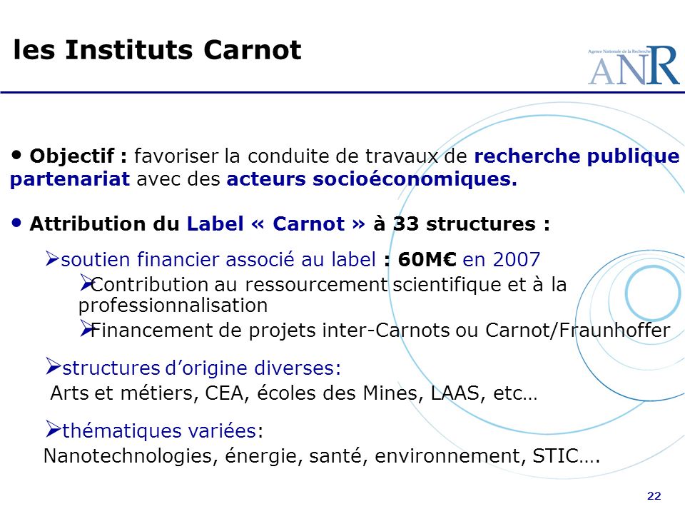 les Instituts Carnot Objectif : favoriser la conduite de travaux de recherche publique en partenariat avec des acteurs socioéconomiques.