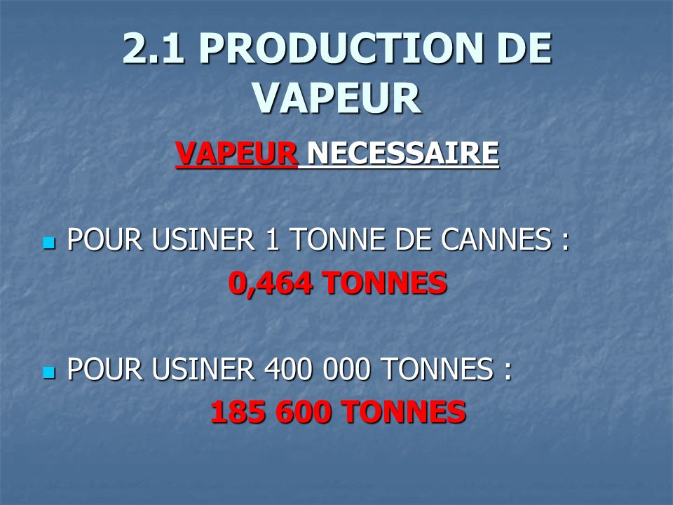 2.1 PRODUCTION DE VAPEUR VAPEUR NECESSAIRE