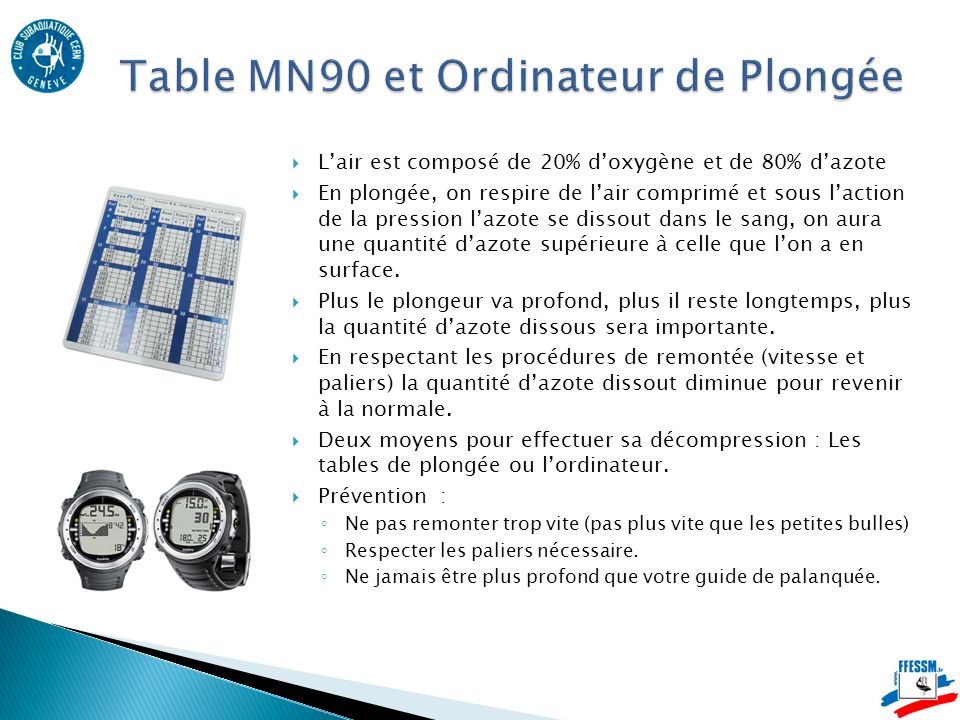Table MN90 et Ordinateur de Plongée