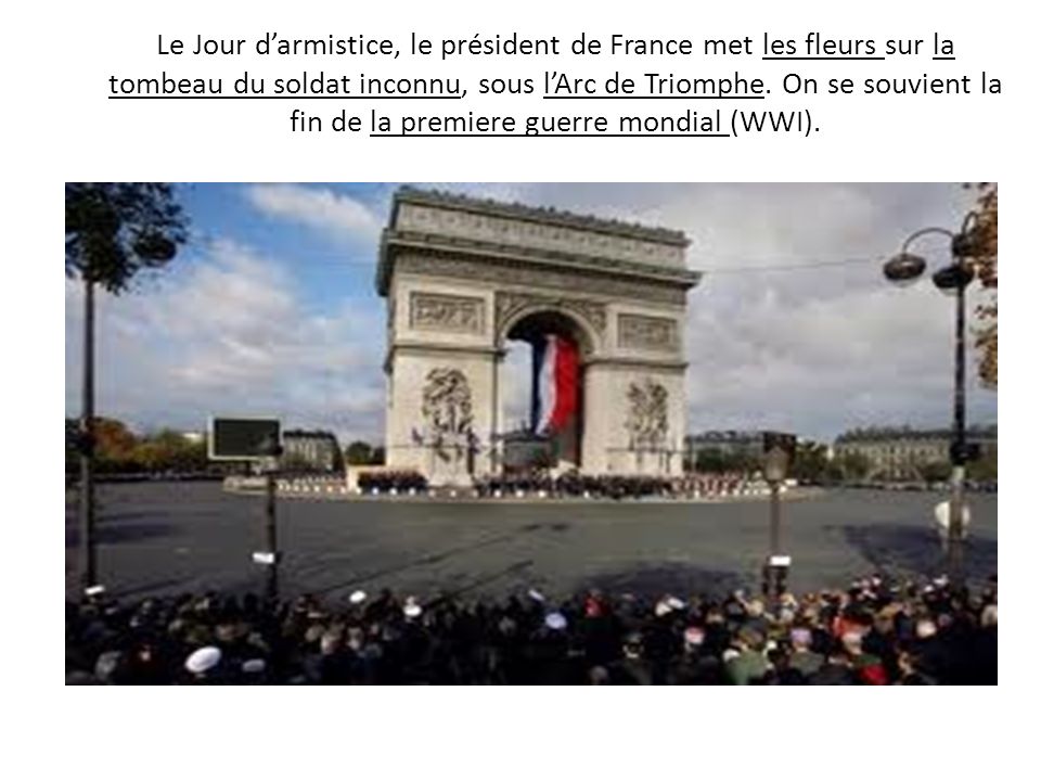 Le Jour d’armistice, le président de France met les fleurs sur la tombeau du soldat inconnu, sous l’Arc de Triomphe.