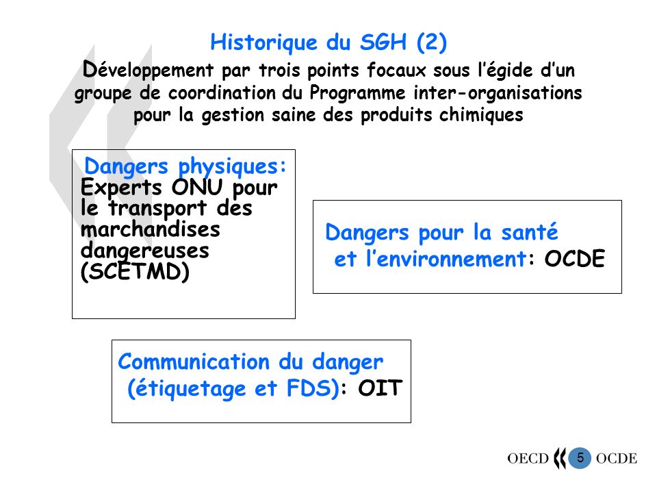 Historique du SGH (2) Développement par trois points focaux sous l’égide d’un groupe de coordination du Programme inter-organisations pour la gestion saine des produits chimiques