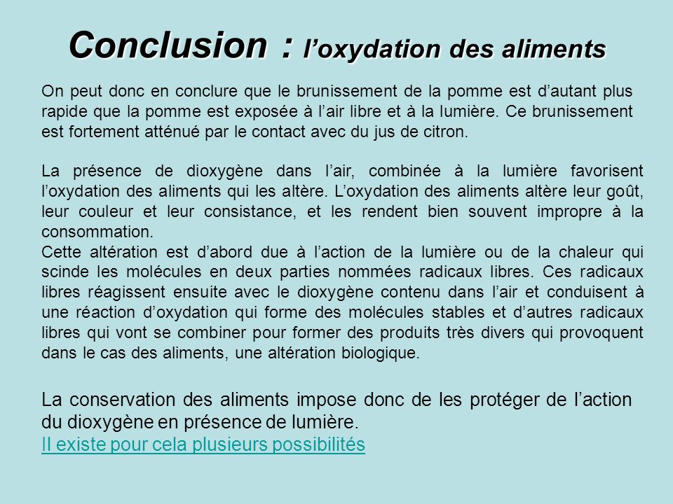 Conclusion : l’oxydation des aliments