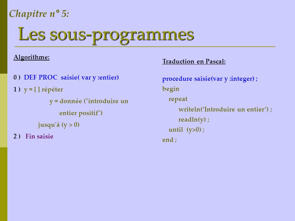Les sous-programmes Chapitre n° 5: Algorithme: Traduction en Pascal: