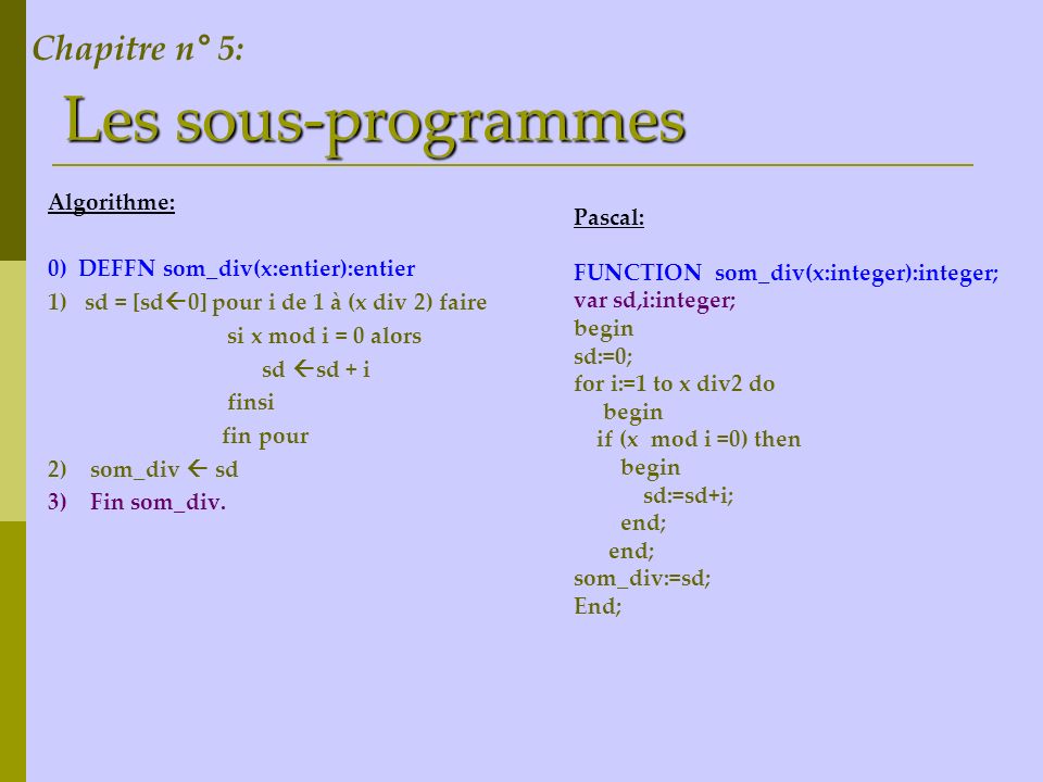 Les sous-programmes Chapitre n° 5: Algorithme: Pascal:
