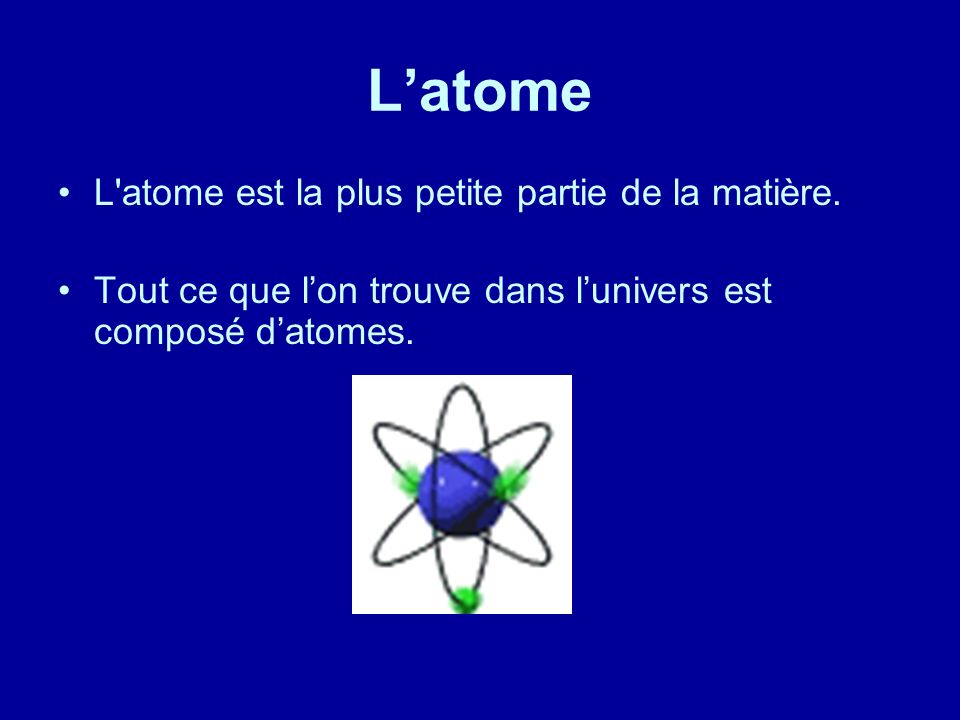 L’atome L atome est la plus petite partie de la matière.