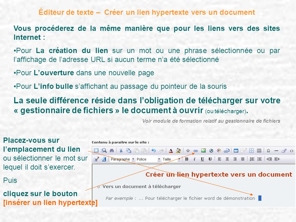 Éditeur de texte – Créer un lien hypertexte vers un document