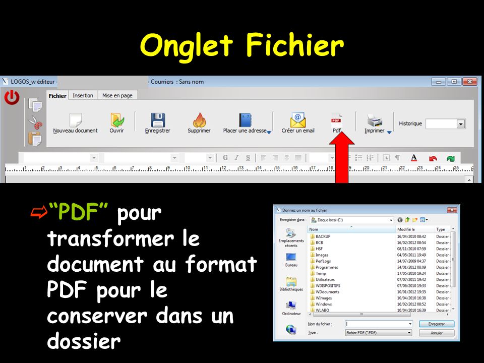 Onglet Fichier PDF pour transformer le document au format PDF pour le conserver dans un dossier