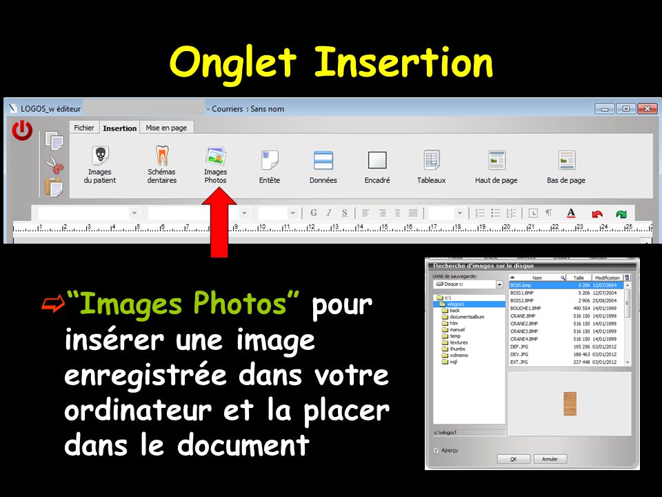 Onglet Insertion Images Photos pour insérer une image enregistrée dans votre ordinateur et la placer dans le document.