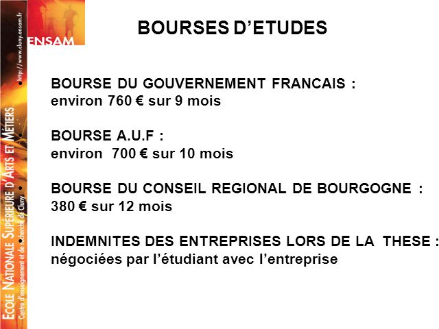 BOURSES D’ETUDES BOURSE DU GOUVERNEMENT FRANCAIS :