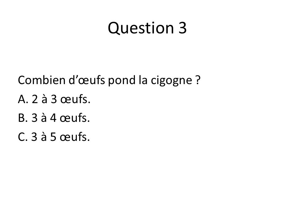 Question 3 Combien d’œufs pond la cigogne A. 2 à 3 œufs.