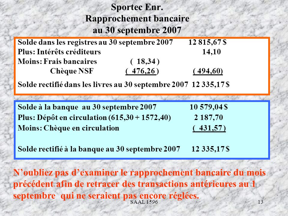 Sportec Enr. Rapprochement bancaire au 30 septembre 2007