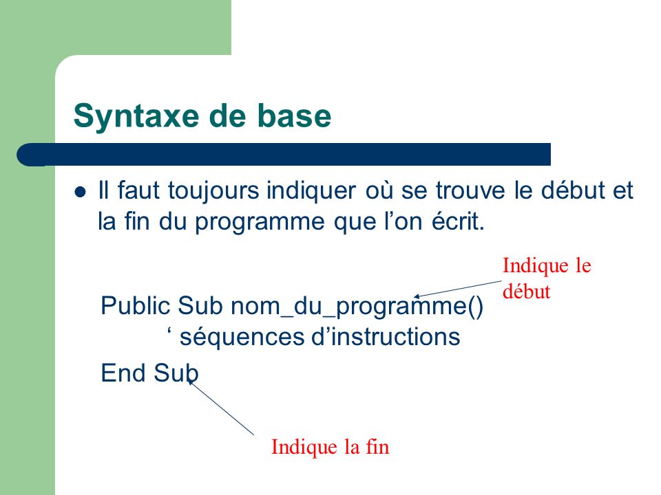 Syntaxe de base Il faut toujours indiquer où se trouve le début et la fin du programme que l’on écrit.