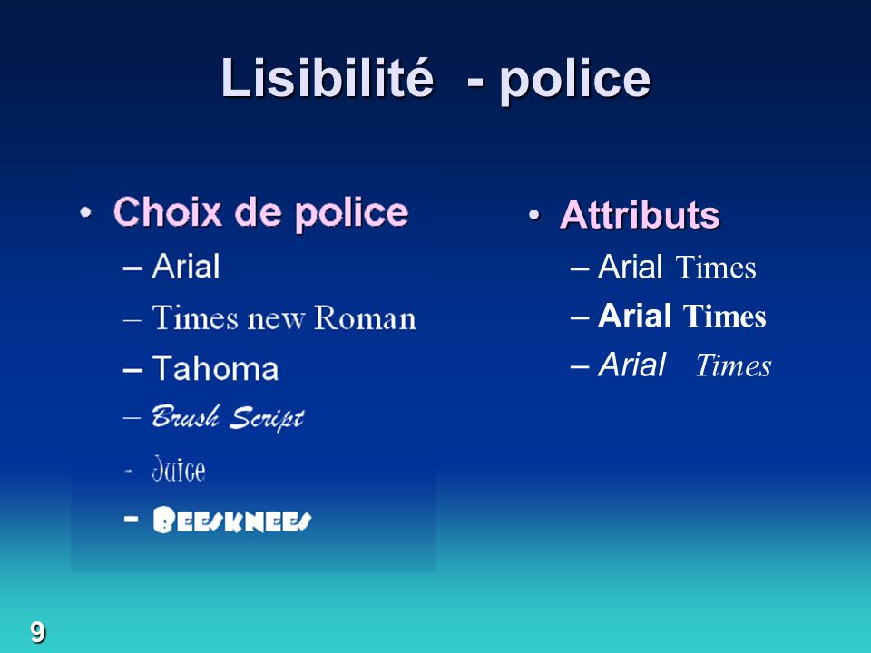 Lisibilité - police Choix de police Attributs Arial Times new Roman
