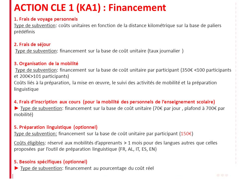 ACTION CLE 1 (KA1) : Financement