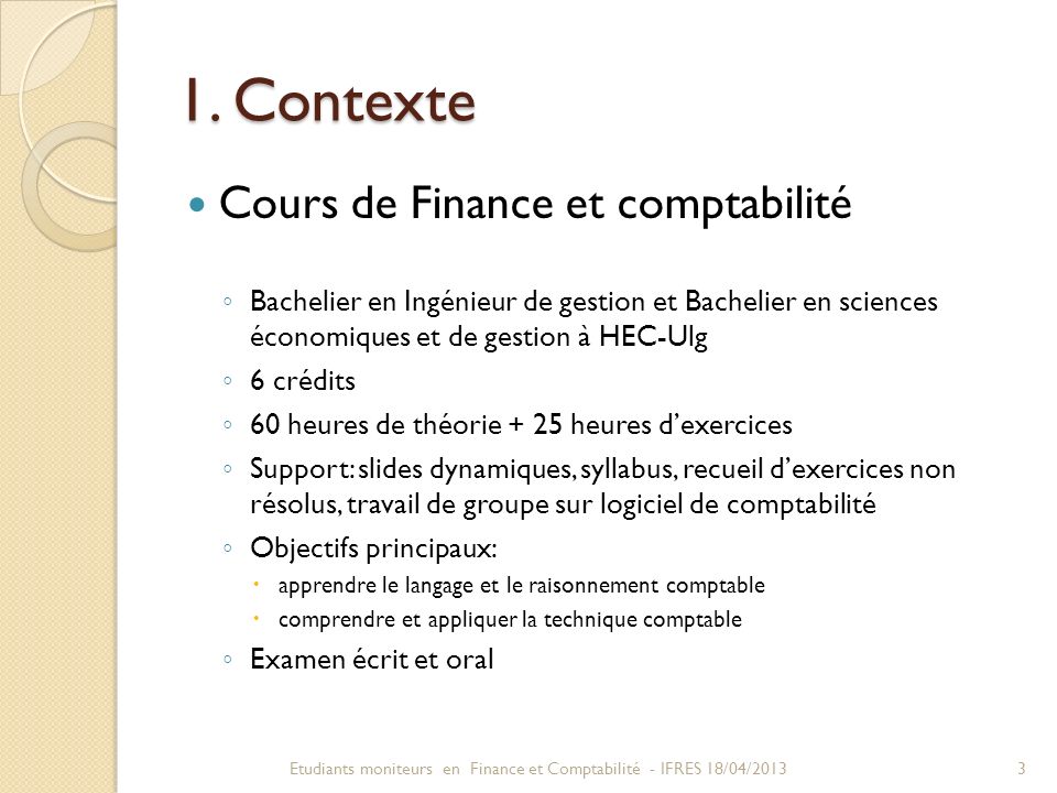 1. Contexte Cours de Finance et comptabilité