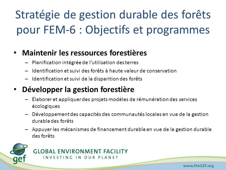 Stratégie de gestion durable des forêts pour FEM-6 : Objectifs et programmes