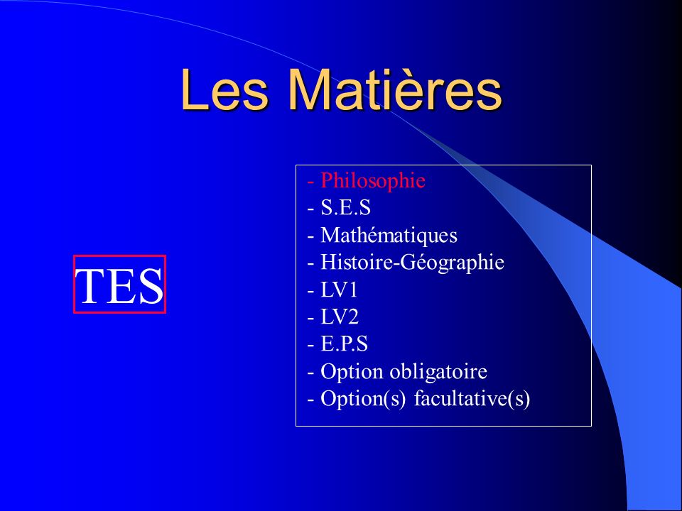 Les Matières TES Philosophie S.E.S Mathématiques Histoire-Géographie
