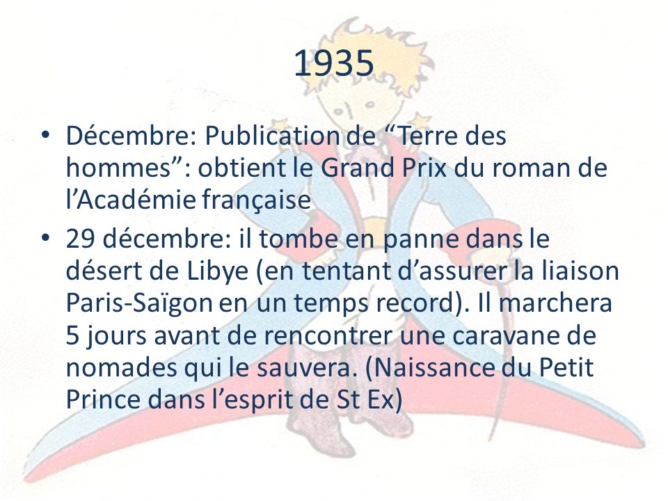1935 Décembre: Publication de Terre des hommes : obtient le Grand Prix du roman de l’Académie française.