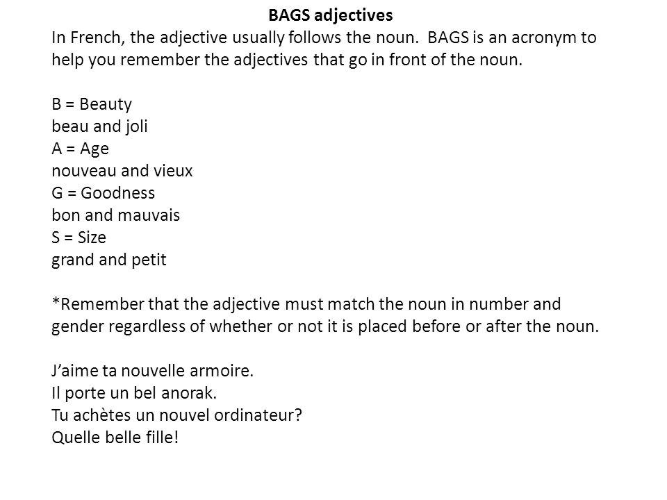 BAGS adjectives