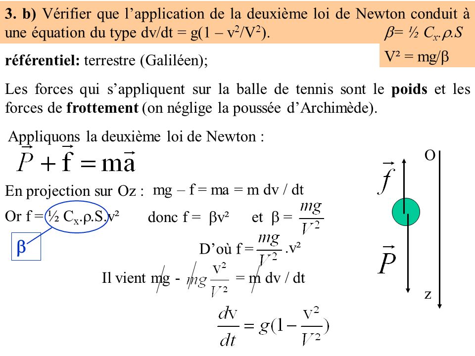 3. b) Vérifier que l’application de la deuxième loi de Newton conduit à une équation du type dv/dt = g(1 – v2/V2).