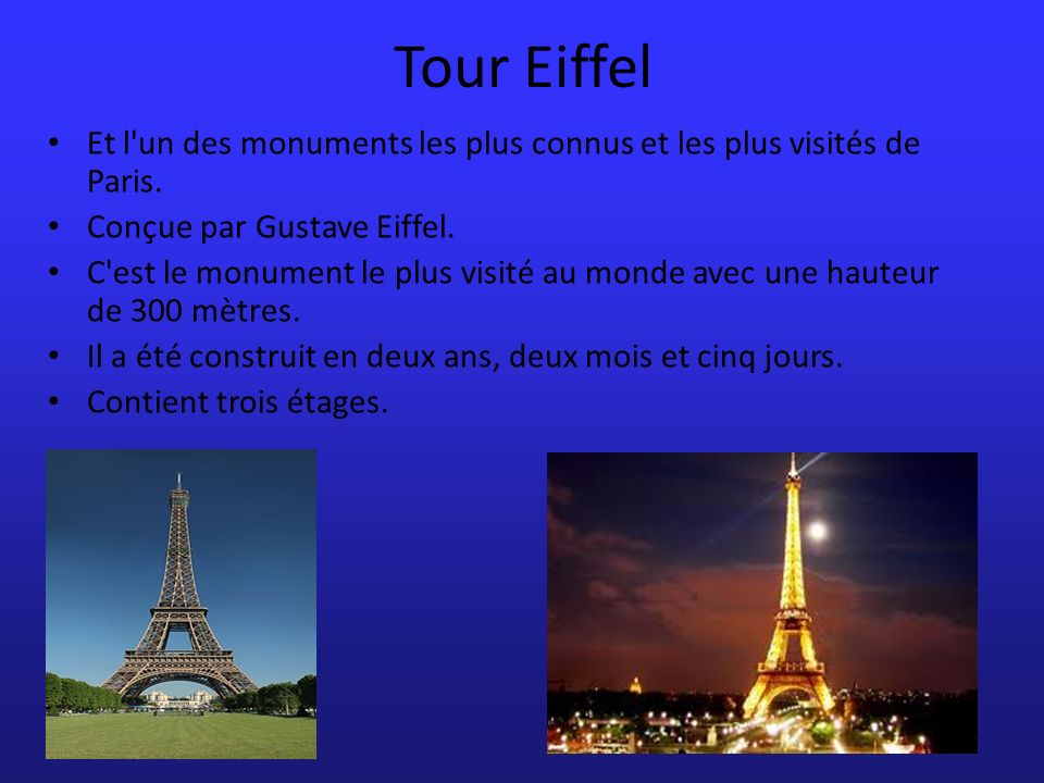 Tour Eiffel Et l un des monuments les plus connus et les plus visités de Paris. Conçue par Gustave Eiffel.