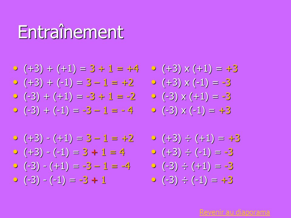 Entraînement (+3) + (+1) = = +4 (+3) + (-1) = 3 – 1 = +2