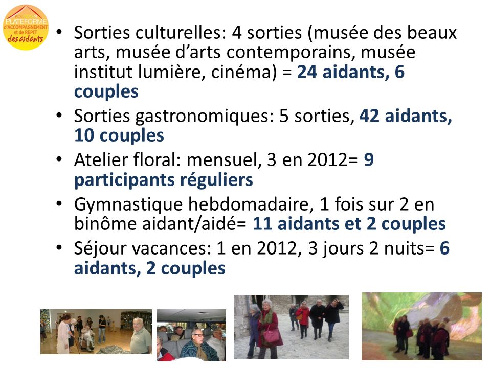 Sorties culturelles: 4 sorties (musée des beaux arts, musée d’arts contemporains, musée institut lumière, cinéma) = 24 aidants, 6 couples