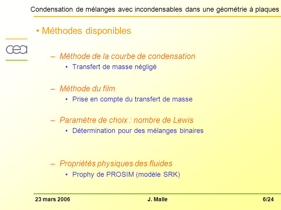 Méthodes disponibles Méthode de la courbe de condensation