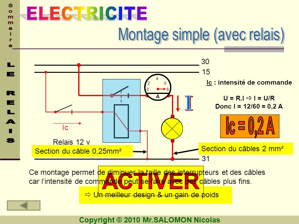 ACTIVER Montage simple (avec relais) I Ic = 0,2 A Ic Relais 12 v