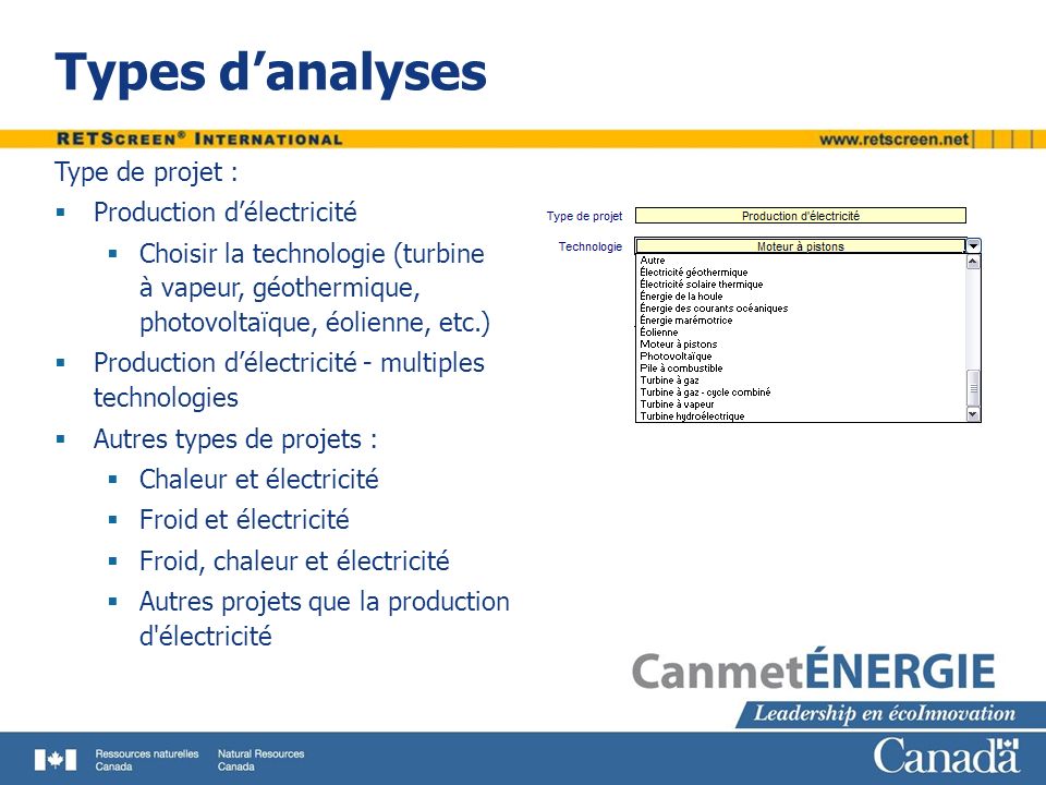 Types d’analyses Type de projet : Production d’électricité