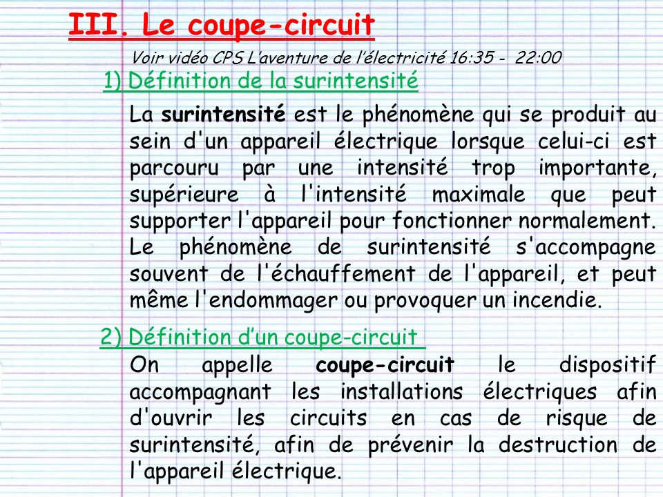 III. Le coupe-circuit 1) Définition de la surintensité