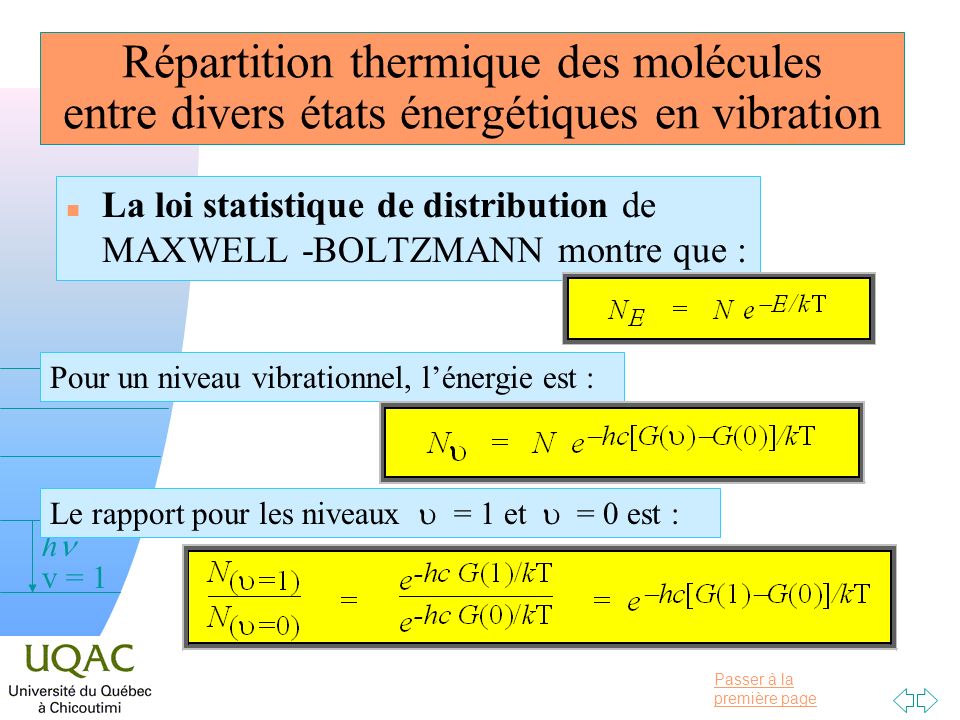 Répartition thermique des molécules entre divers états énergétiques en vibration