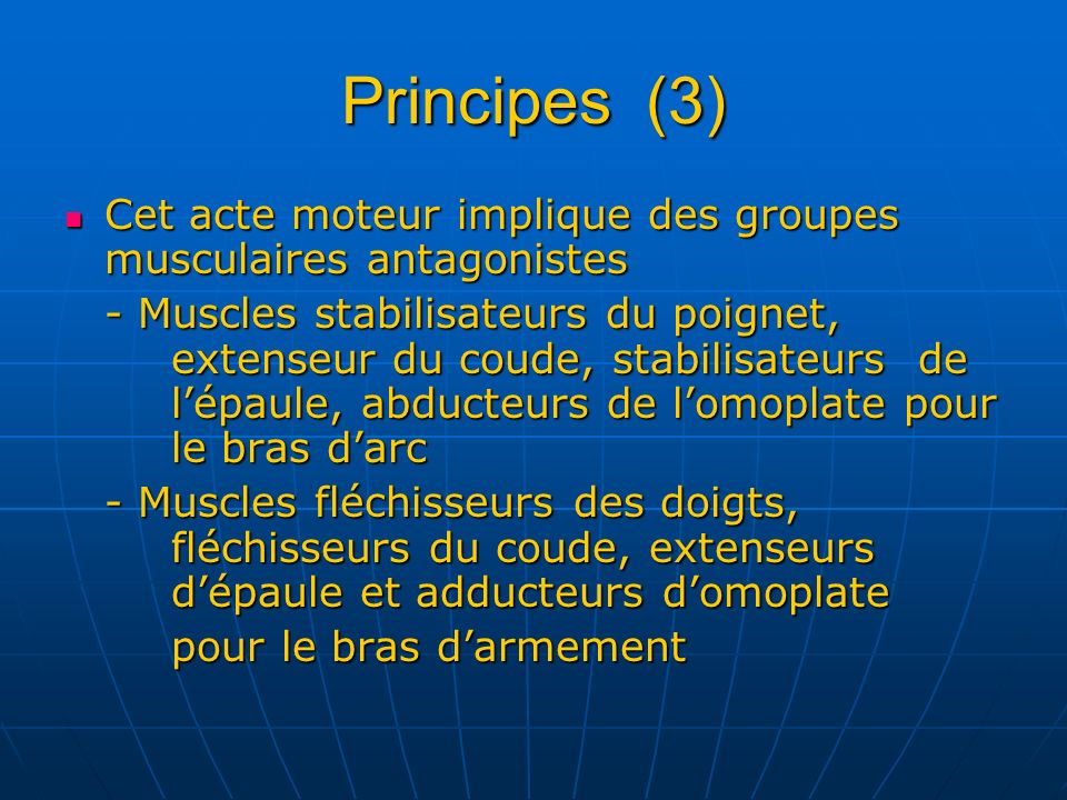 Principes (3) Cet acte moteur implique des groupes musculaires antagonistes.