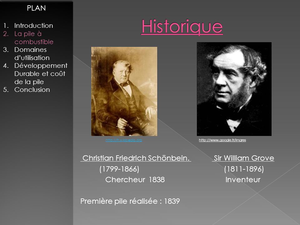 Historique PLAN Christian Friedrich Schönbein. Sir William Grove