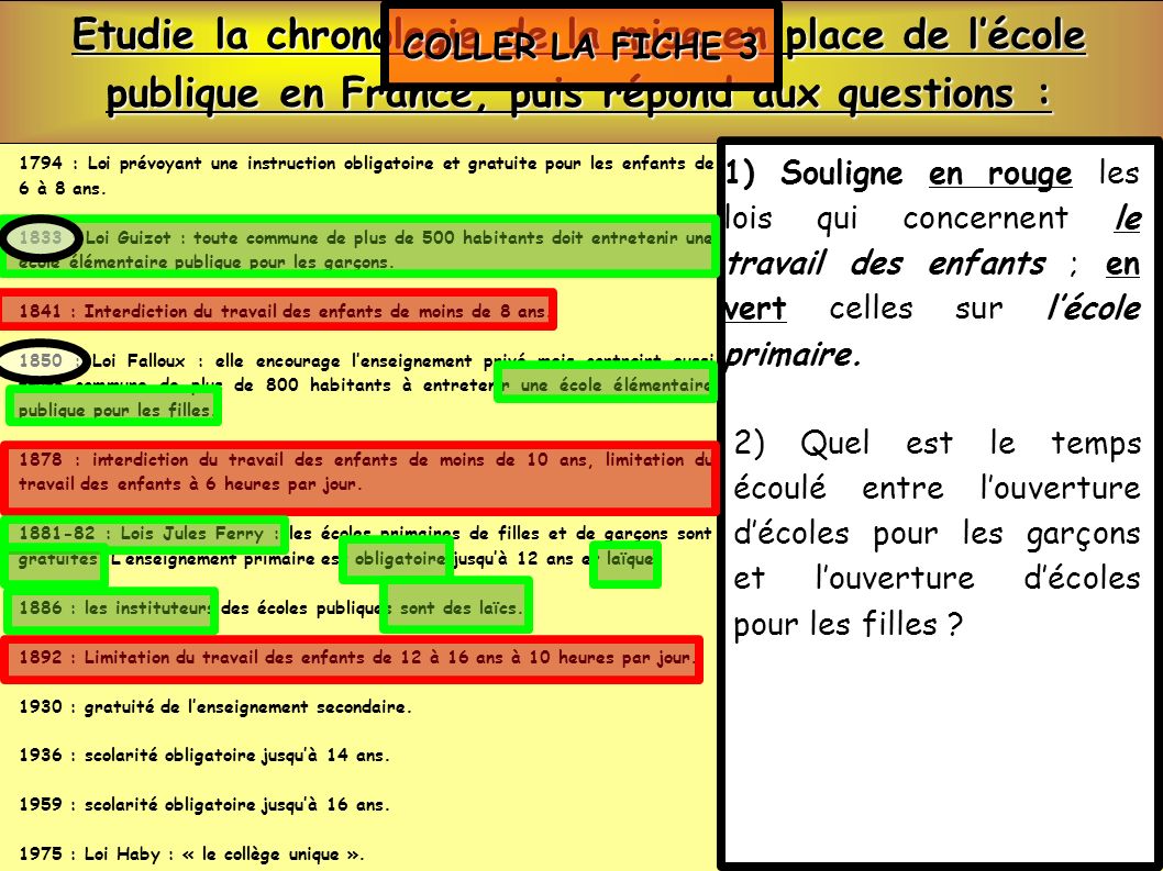 Etudie la chronologie de la mise en place de l’école publique en France, puis répond aux questions :