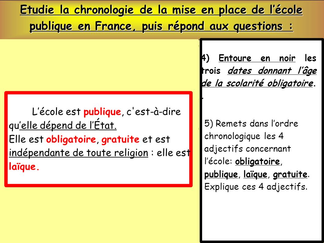 Etudie la chronologie de la mise en place de l’école publique en France, puis répond aux questions :