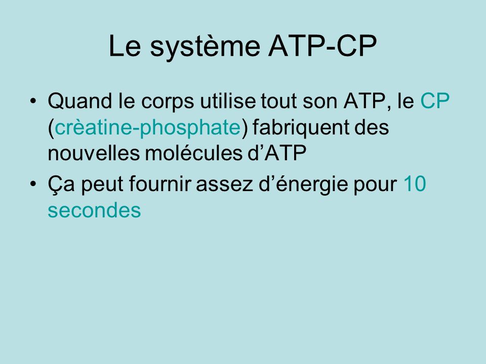 Le système ATP-CP Quand le corps utilise tout son ATP, le CP (crèatine-phosphate) fabriquent des nouvelles molécules d’ATP.