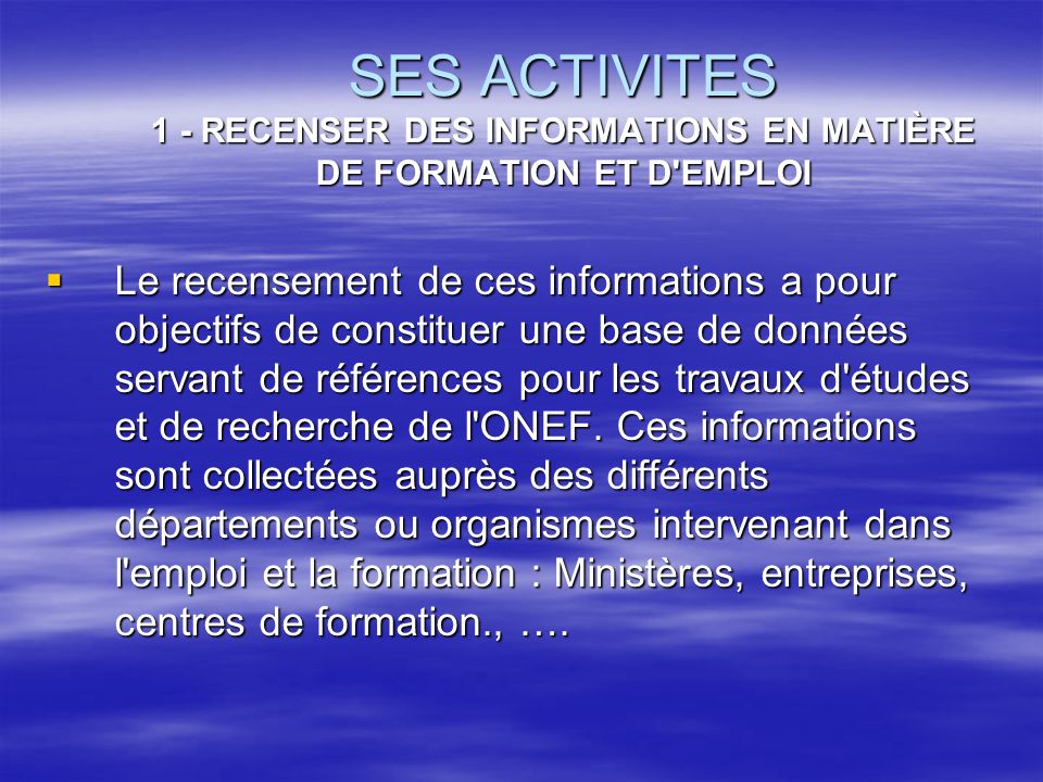 SES ACTIVITES 1 - RECENSER DES INFORMATIONS EN MATIÈRE DE FORMATION ET D EMPLOI
