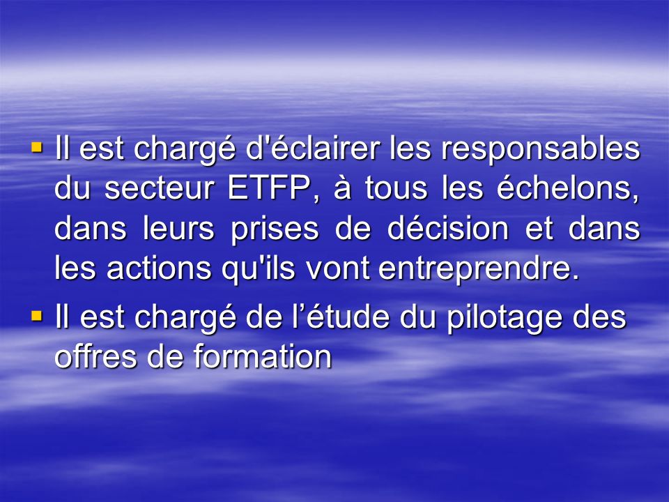 Il est chargé d éclairer les responsables du secteur ETFP, à tous les échelons, dans leurs prises de décision et dans les actions qu ils vont entreprendre.