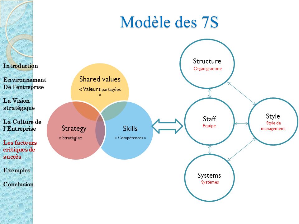 Modèle des 7S Shared values Skills Strategy Structure Style Staff