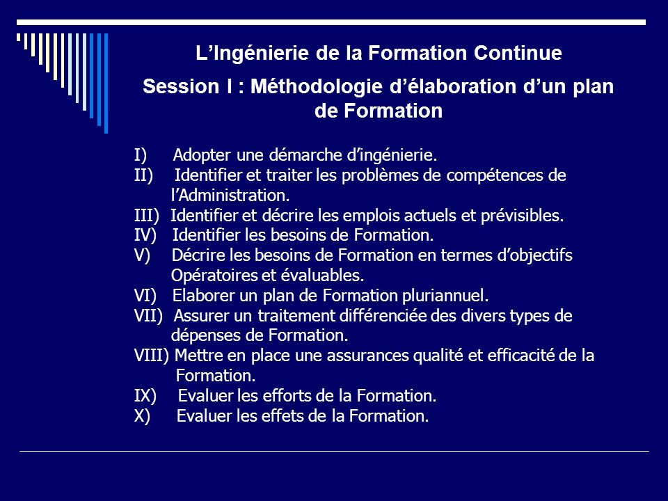 L’Ingénierie de la Formation Continue Session I : Méthodologie d’élaboration d’un plan de Formation