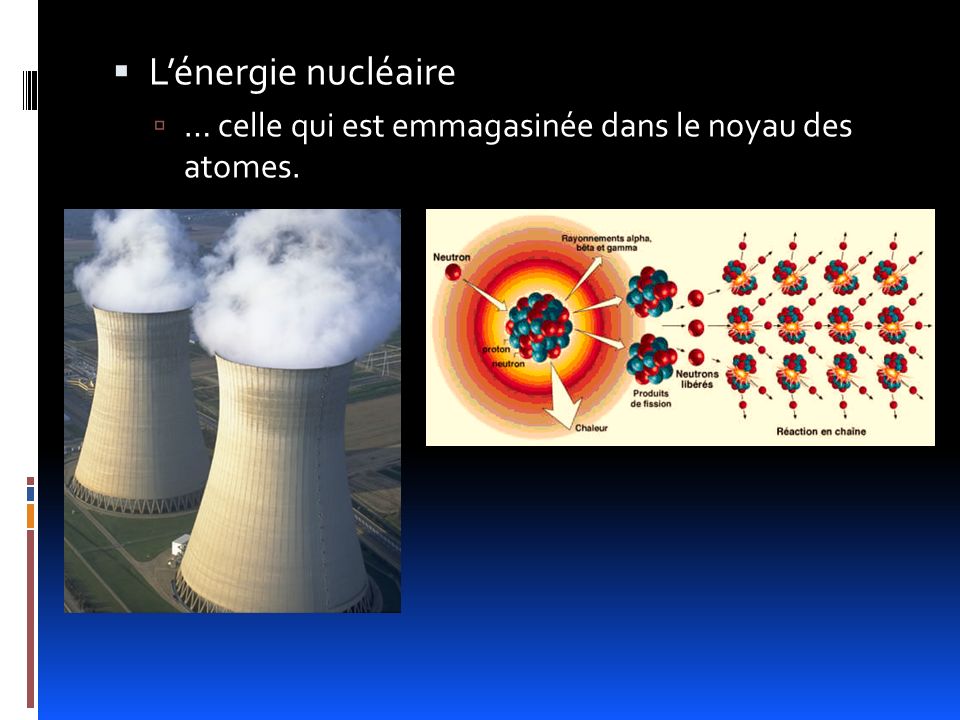 L’énergie nucléaire … celle qui est emmagasinée dans le noyau des atomes.