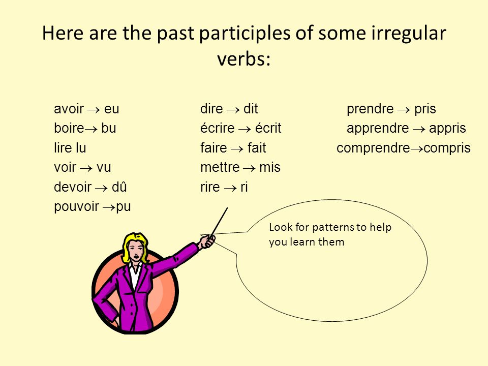 Here are the past participles of some irregular verbs: