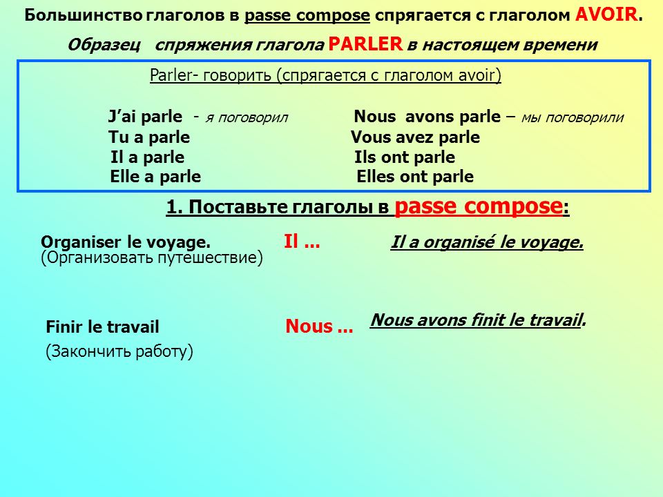 Pass в прошедшем времени. Passe compose глаголы. Глаголы в passe compose во французском. Поставьте глаголы в passé composé.. Предложения с глаголом avoir.