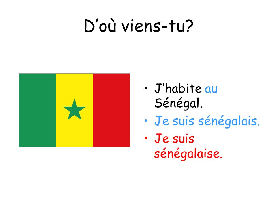 D’où viens-tu J’habite au Sénégal. Je suis sénégalais.